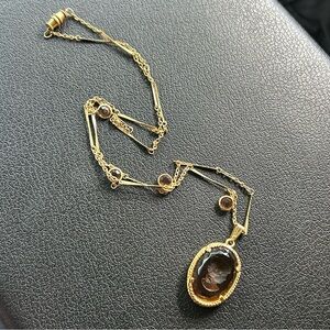Vintage Gold-Tone & Brown gemstone cameo  Pendant Necklace - Women Jewelry